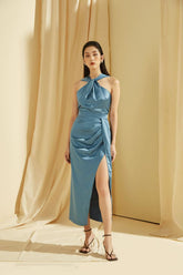 Silk Halter Neck Dress with Draped Bodice and High Front Slit for a Sculpted Evening Silhouette